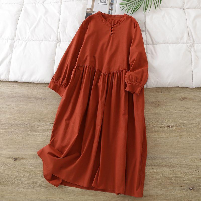 

Mori look Cotton and Linen Solid Long sleeve dress Women New Chinese Style Artistic Stand Collar Loose Slimming Mid-Length Pullover Skirt Spring Red One size