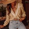 Women Printed Long Sleeve Lace Splicing Front Button Casual Elegant Vacation Blouse