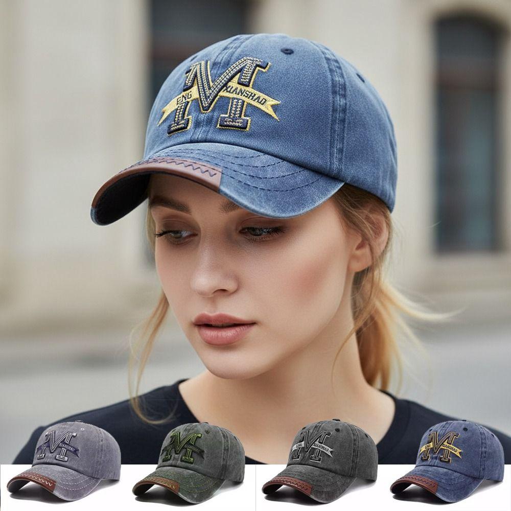 Retro Letter M Embroidered Baseball Cap Washed Cotton Distressed Baseball Hats Adjustable Hip Hop Dad Hat For Man Women Unisex