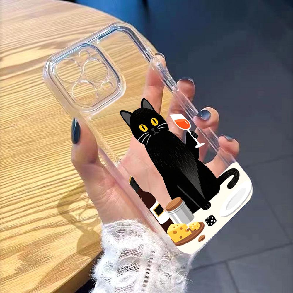 Black Cat with Wine Cheese Transparent Soft TPU Phone Case for Xiaomi Redmi Note 15 14 13 12 11 10 9 Pro Plus 4G 5G Soft Cover