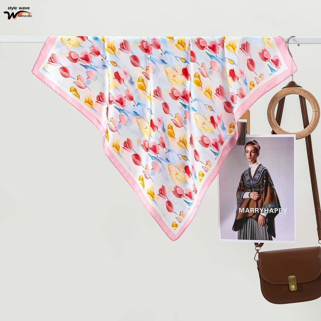 Colorful Tulip Print Silk Scarf: Versatile Pastoral Style Neck Scarf & Hairband for Spring/Summer