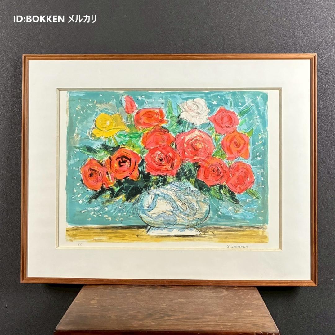 

[USED] Nakagawa Chikara Rose Lithograph, autographed, framed, Issuikai Award, Nitten Special Selection