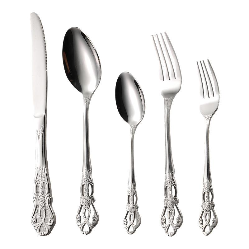Stainless steel Royal Court series Western food knife, fork and spoon Hollow handle Golden gift 5-piece set Main meal spoon
