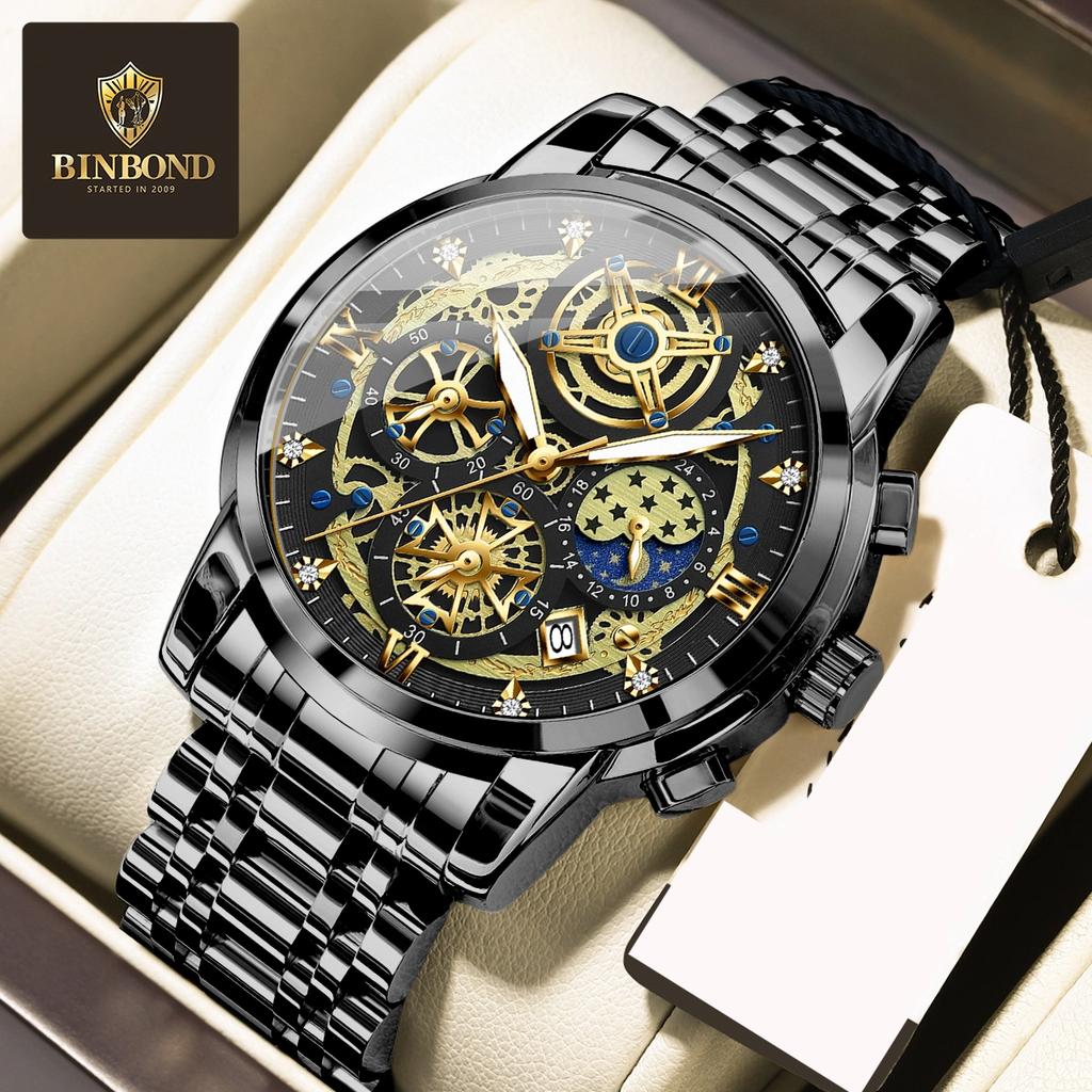 BINBOND Luxury Men's Quartz Watches Stainless Steel Date Chronograph Men Wristwatch Waterproof Luminous Fashion Man Watch