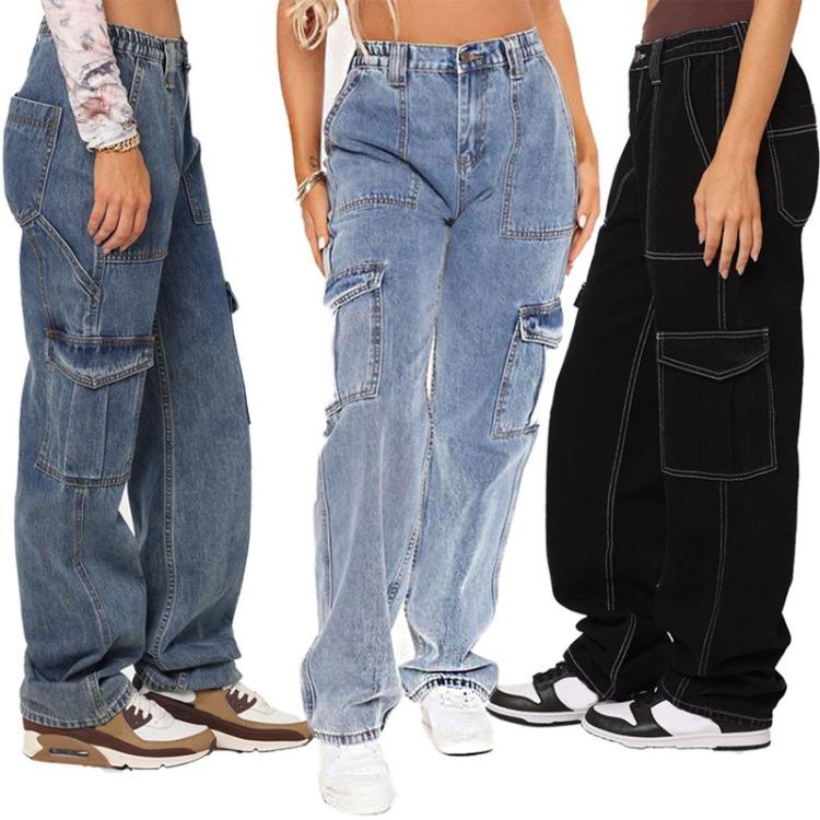 Jeans Cargo Larghi Dritti Casual da Donna con Tasche Multiple Pantaloni da Donna