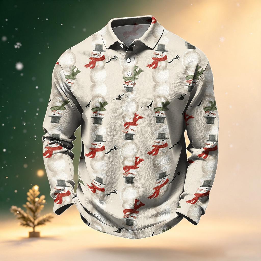 Men's Golf Shirt Long Sleeve Casual Christmas Print Quick-Dry Mesh Top
