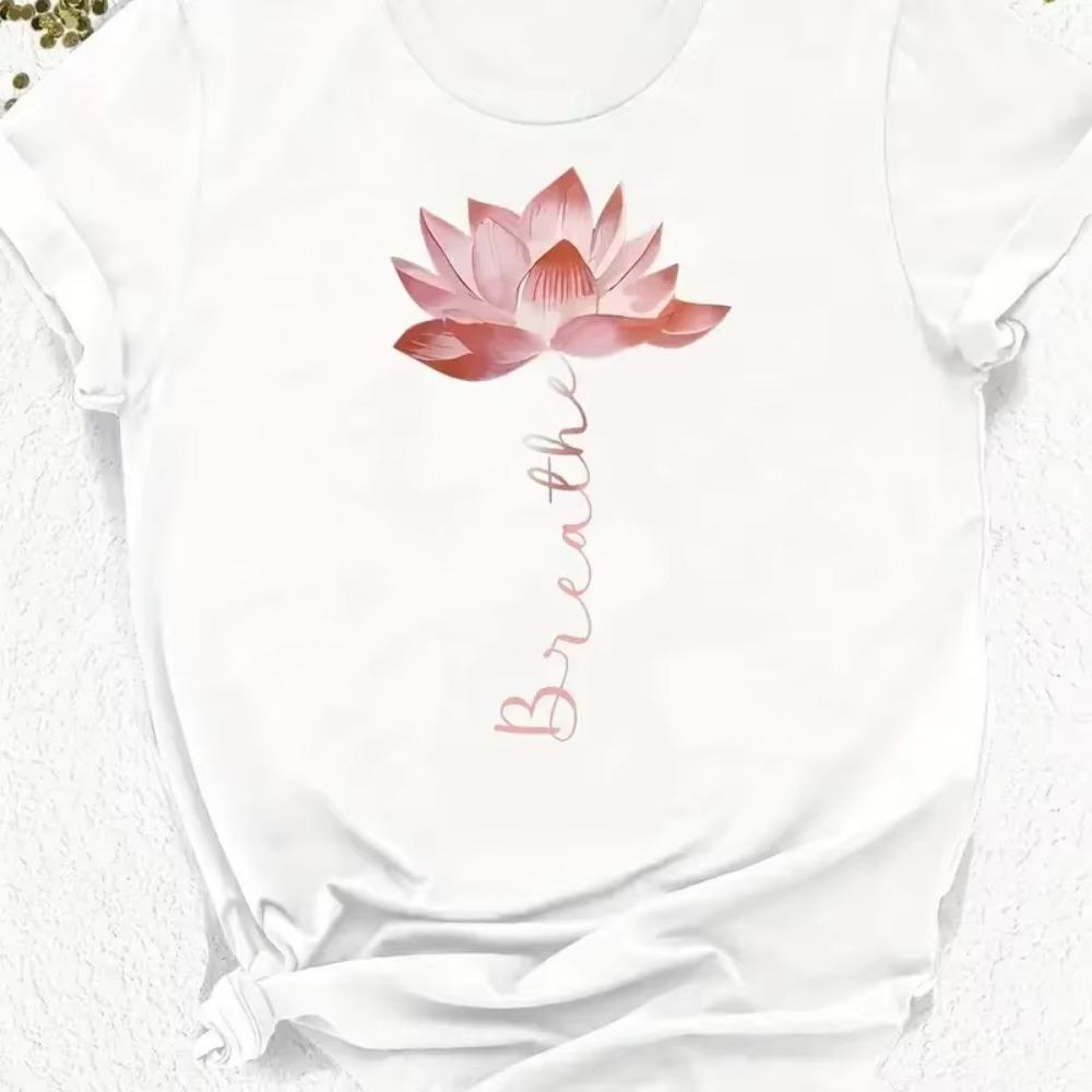 Plus Size Lotus Graphic Print T-shirt Short Sleeve Crew Neck Casual Top For Summer & Spring Women's Plus Size Clothing