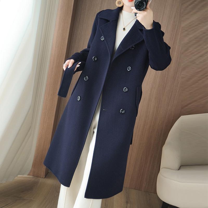 2025 A/W Women's Slimming Double-Faced Cashmere Coat - Korean Style Double-Breasted Wool Overcoat with Suit Collar