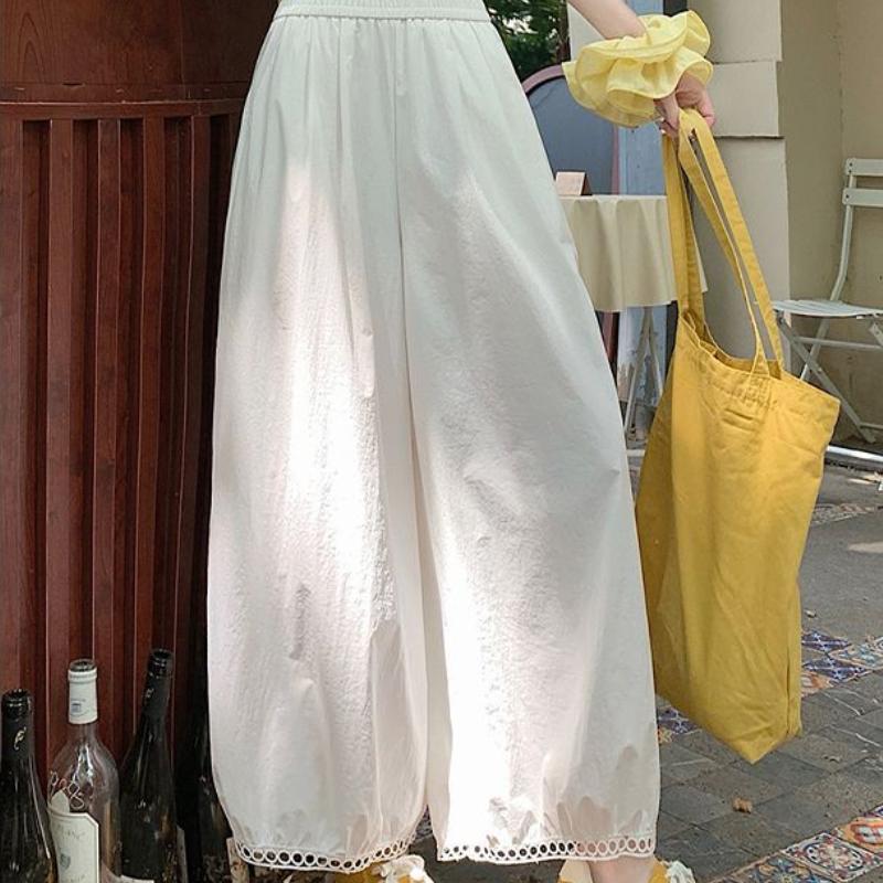 Women's Summer 9/10 Length White Lantern Pants | Hollow-Out Lace Wide-Leg Balloon & Bud Pants