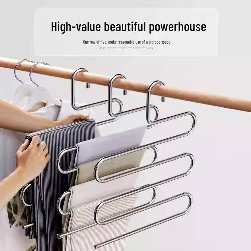 Multifunktionaler rutschfester S-förmiger Edelstahl-Hosenbügel mit Klemme, Magische mehrschichtige Aufbewahrungslösung