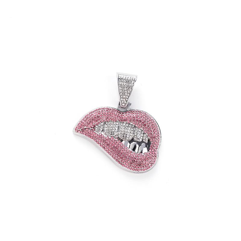 Colorful Diamond Lip Bite Pendant Hip Hop Cuban Chain Necklace