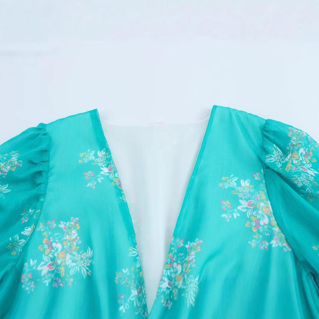 2025 Spring Women's Fashion: European & American Style V-Neck Short Sleeve Print Dress