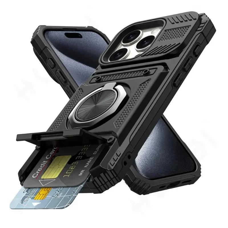 

Чехол для iPhone 16 15 14 13 11 Pro Max XS XR 8 7 Plus Магнитная вращающаяся кольцевая подставка Сверхпрочная защита от падений Обложка-кошелек For iPhone 16 Pro чёрный