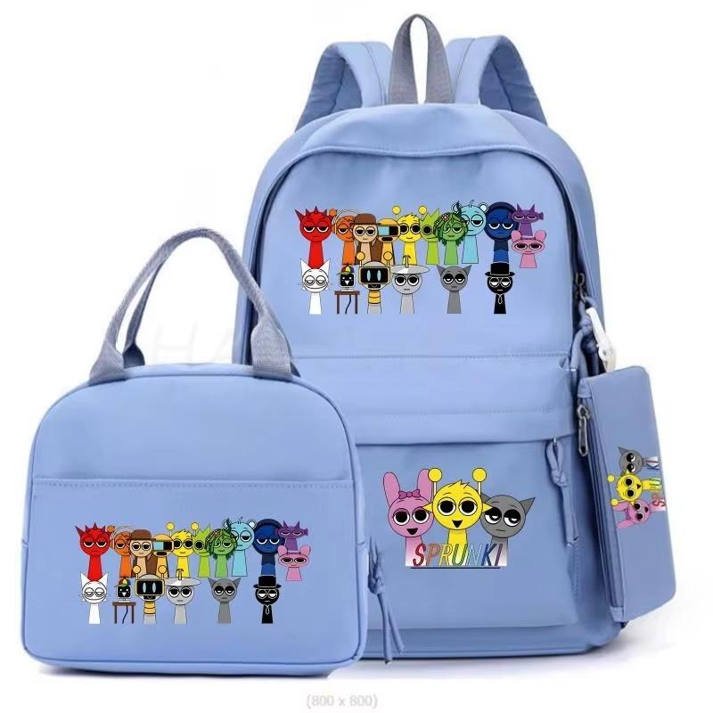 

Новый мультяшный рюкзак Sprunki для детей, модный, с принтом, из трех частей: сумка для еды, повседневный пенал Average Size