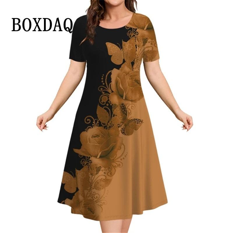 Flower Print Women Dress For Vintage New Short Sleeve O-Neck Mini Dress Summer Pullover Loose Casual Retro Loose Dress