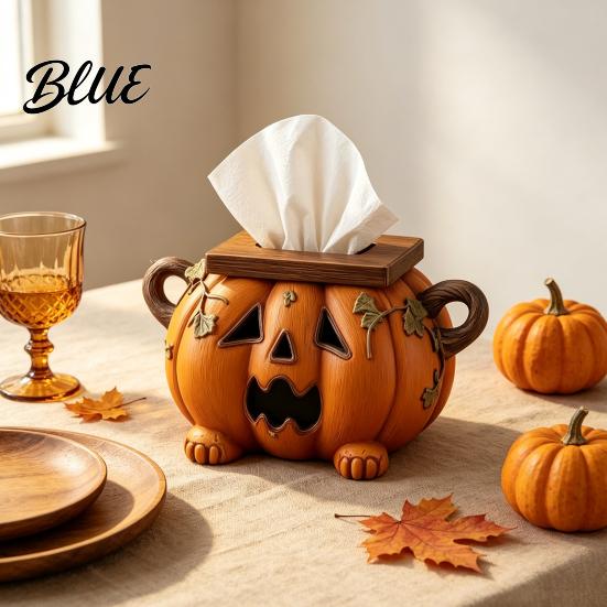 Halloween Pumpkin Tissue Box Holder Holder, Resin Decorative Facial Funny Face Novelty Home Accessory Cover for Office Kitchen Living Room Table Decor