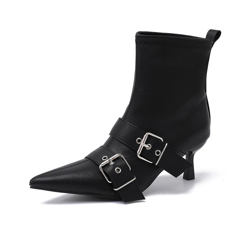 Fashion Vintage Stiletto Booties Fall New Pointed Toe Metal Buckle Back Zip Anti-Slip Wear-Resistant Heels