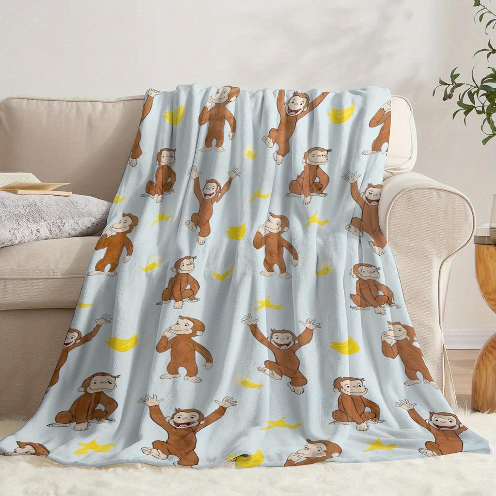 Curious George Monkey & Banana Print Flannel Throw Blanket - Soft Cozy Warm| Perfect for Sofa/Bed/Office