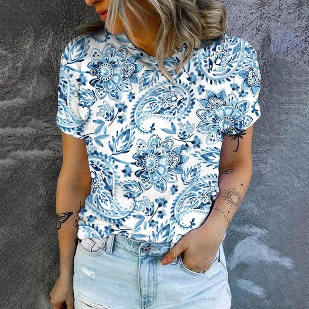 Elegant Women's T-shirt Fashion Retro Flower Pattern Print T-shirt  Women's Short Sleeved T-shirt Summer Leisure T-shirt