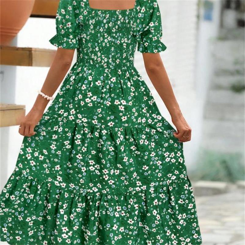 Women's Square Collar Waist Printed Dress S-XXXL