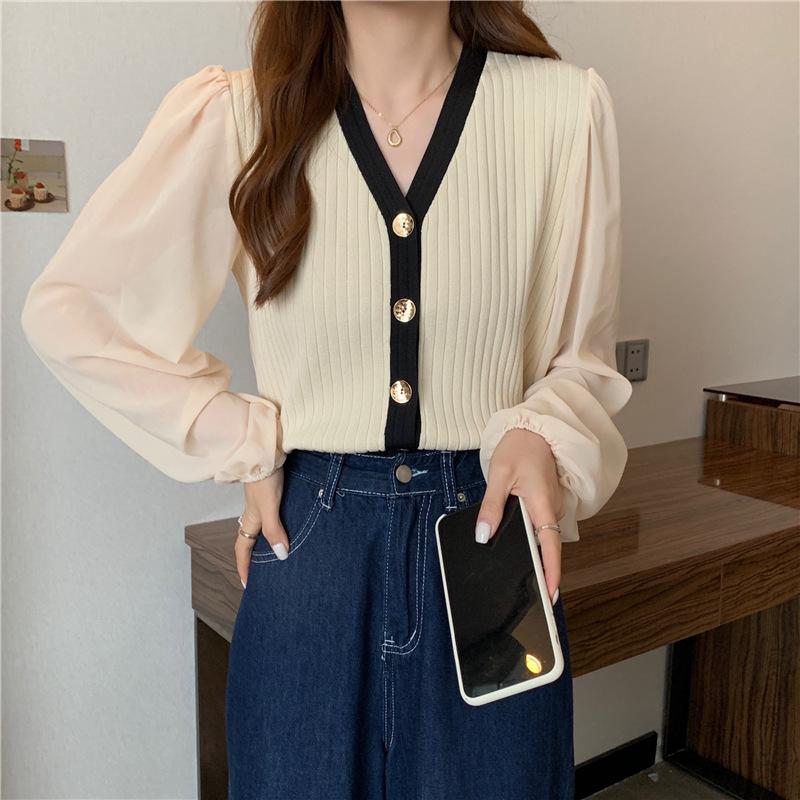 Autumn Winter Loose Casual V-neck Cardigan Sweater Women Long Sleeve Chiffon Patchwork Knitting Coat Top