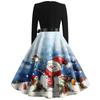 Christmas Print Flare Dress For Women Long Sleeve Dress Hollow Party Casual Dresses