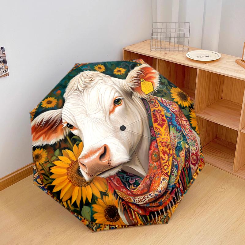 1 PC Automatic Folding Umbrella - Cow with Sunflowers Pattern, Portable & Foldable Design with 8 Ribs, Christmas Birthday Gifts