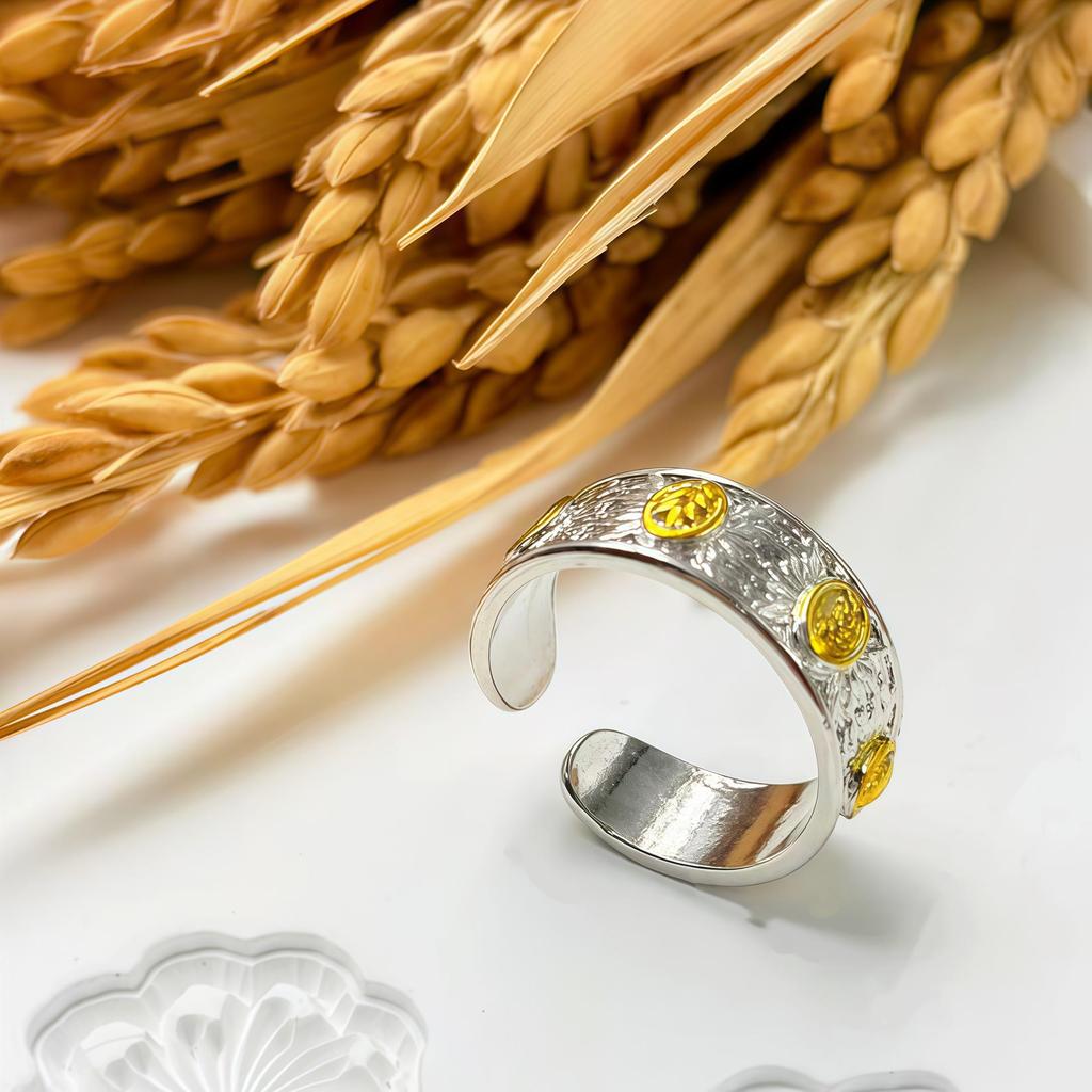 Seven-Grain Silver Prayer Ring: Adjustable, Embossed Design for Wealth & Blessings