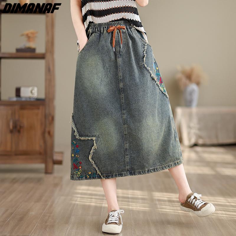 DIMANAF 2025 Women Plus Size Spring Summer Denim Skirts Elastic Waist Casual Loose Vintage Long A-Line Maxi Skirt 2024
