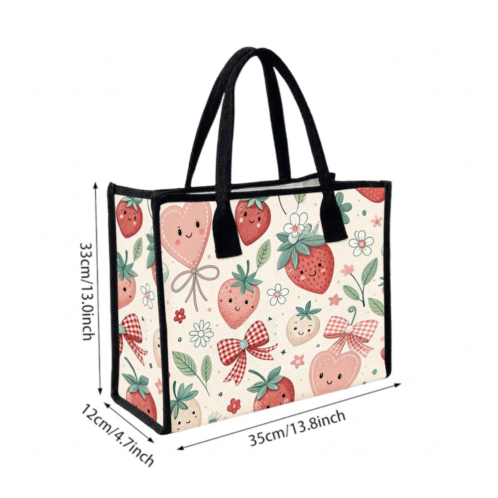 Cute Strawberry Printed Tote Bag Portable Daily Use Fashion Handbag for Women Casual Shopping Carry Bag