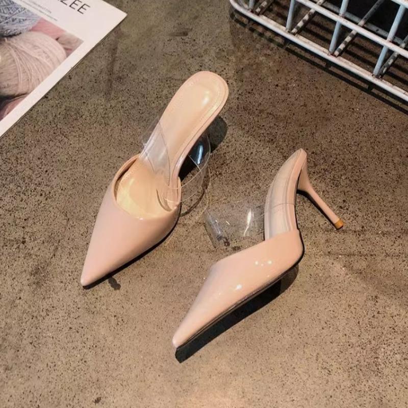 Nude Patent Leather Sexy Celebrity Pointed High Heels New Bag Head Transparent Word with Thin Heels Cool Slippers