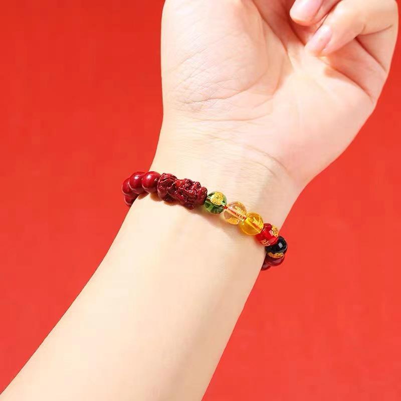 Cinnabar Lucky Bead Bracelet: Attract Wealth with Benmingnian Five Paths God of Wealth Purple Gold Cinnabar Bangle Gift.
