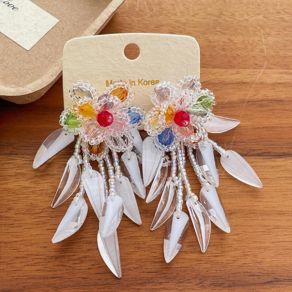 

Exaggerated Multicolor Glass Miyuki Beads Resin Flowers Tassel Long Drop Earrings for Women Copper Alloy Holiday Jewelry