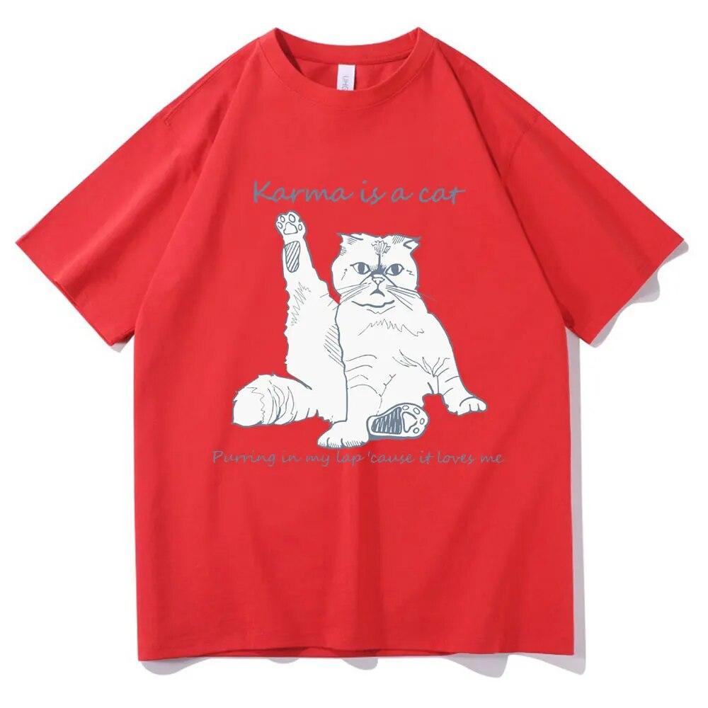 Karma Is A Cat T-skjorte med grafisk trykk Unisex kvinner Uformell Søte T-skjorter i bomull Overdimensjonerte par Kortermet Streetwear-gaver