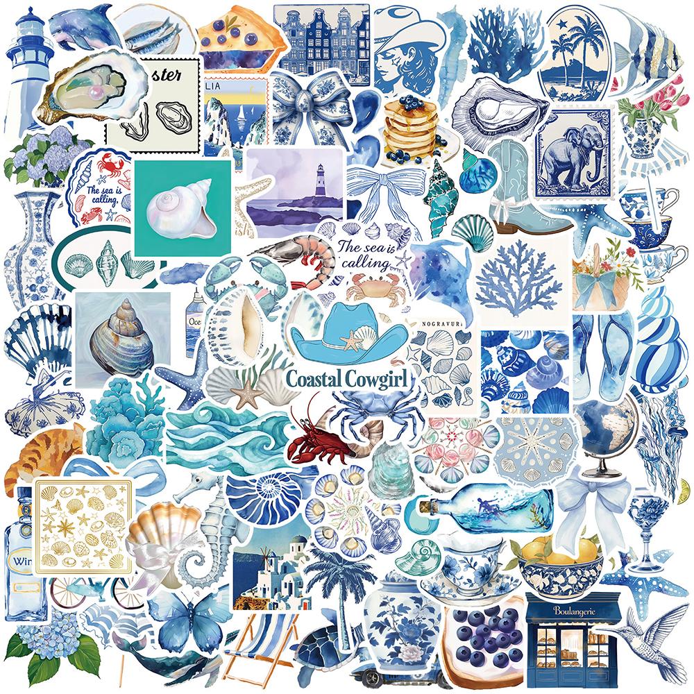 10/30/50/100pcs Blue Mediterranean Art Graffiti Stickers Vintage INS Aesthetic Decals DIY Stationery Phone Waterproof Sticker