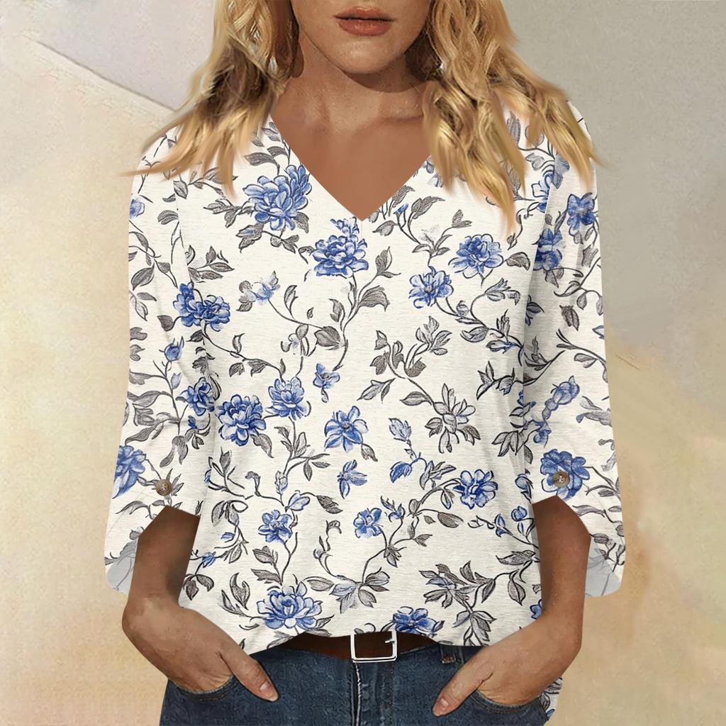 Womens V Neck Three Quarter Sleeve Floral Print Casual Loose Fit Top Comfortable Lightweight Blouse for Daily Wear Office and Travel