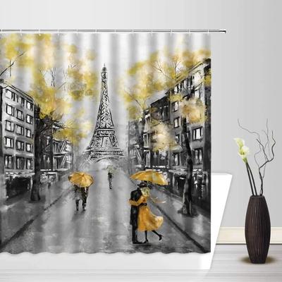 Vintage Paris Stadtlandschaft Duschvorhang Turm Rosa Rose Blume Malerei Frühling Badezimmerdekor Wasserdichter Schirm Mit Haken