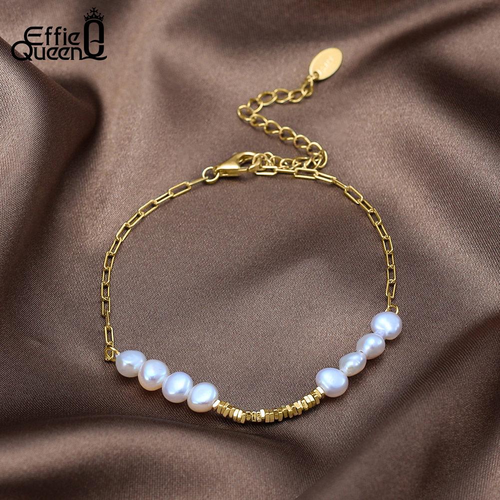EFFIE QUEEN 925 Stelring Silver Beaded Bracelets Natural Freshwater Pearl Women's Hand Chain Bracelet Trendy Jewelry Gift GPB37