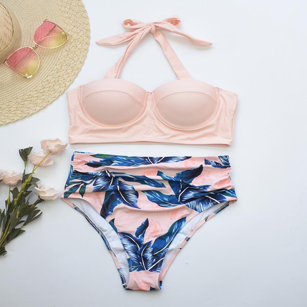 Dámský Módní Sexy Pevný Taška Bikini Vícebarevný Listový Potisk Plavky