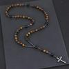 Catholic Natural Tiger Eye Stone Black Agate Rosary Beads Necklace Hematite Cross Pendant Necklace Women Men Christ Mala Jewelry