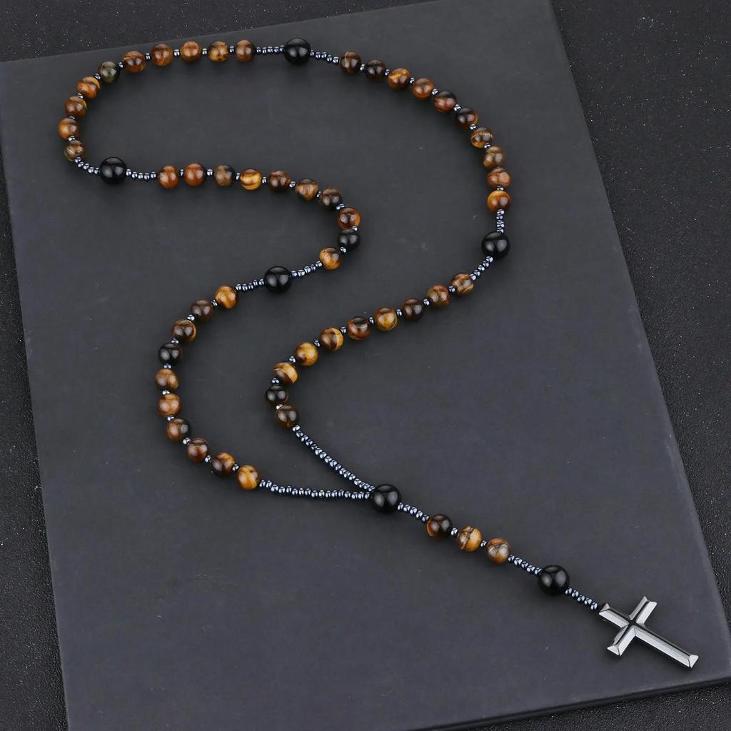 Catholic Natural Tiger Eye Stone Black Agate Rosary Beads Necklace Hematite Cross Pendant Necklace Women Men Christ Mala Jewelry