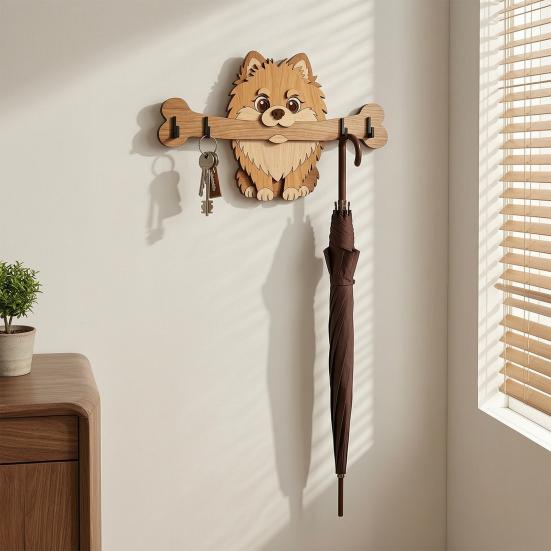 Portachiavi in Legno da Parete, Gancio per Ingresso a Forma di Cane che Tiene un Osso per Casa, Cucina, Corridoio, Organizer Rustico per Chiavi, Guinzaglio per Cani