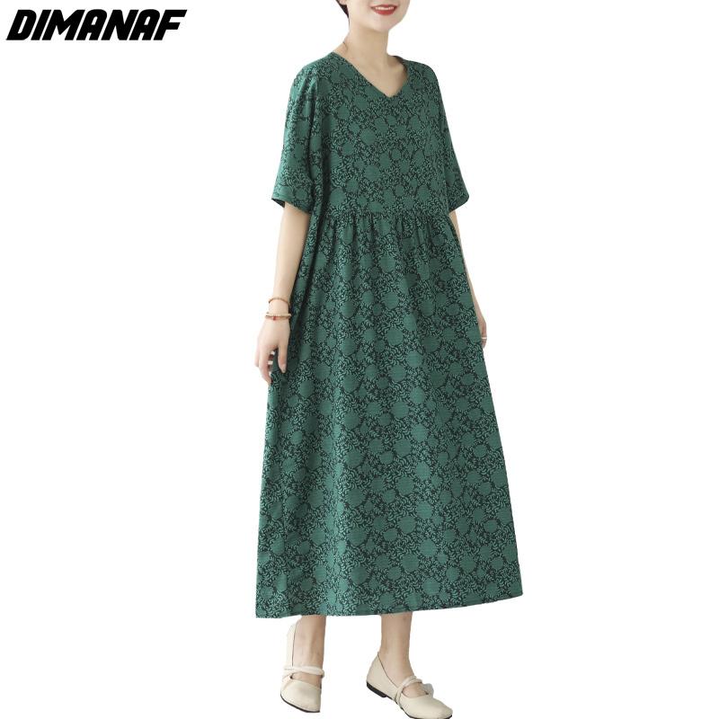 DIMANAF 2024 Übergröße Damen Frühling Sommer Kleid Vintage Dame Langes Kleid V-Ausschnitt Stil Locker Maxikleid Baumwolle Grün