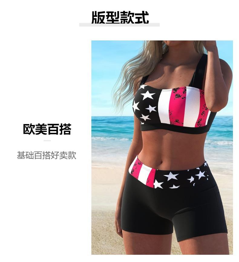 European and American large-size printed flat-angle split swimsuit women's belly cover conservative sports vest two-piece swimsuit
