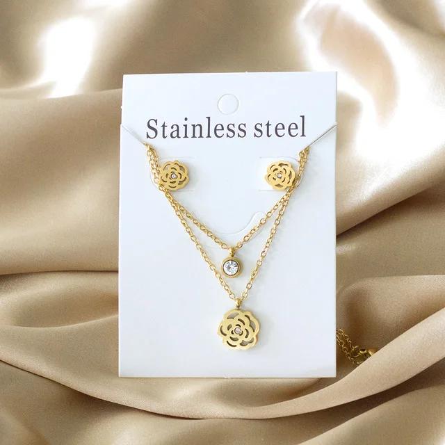 Double Chains Necklace And Earrings Zircon Sets Female Wedding Party Cubic Zirconia 316L Stainless Steel Pendant Zircon Gifts