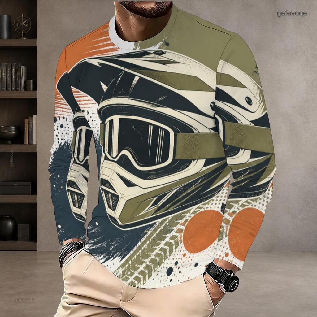 Men's Autumn and Winter Motorcycle 3D Printed Crew Neck Long Sleeve T-Shirt