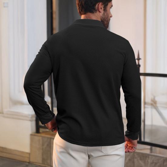 Men Waffle Golf Shirt Long Sleeve Turndown Collar Shirt Quarter Button Neck Casual Shirt for Vacation Office Party Date