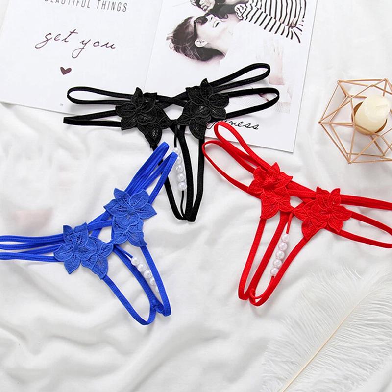 1Pc Solid Color Sexy Lace Panties Transparent Lingerie Open Crotch Briefs Underwear Women Thongs Nylon Pearl