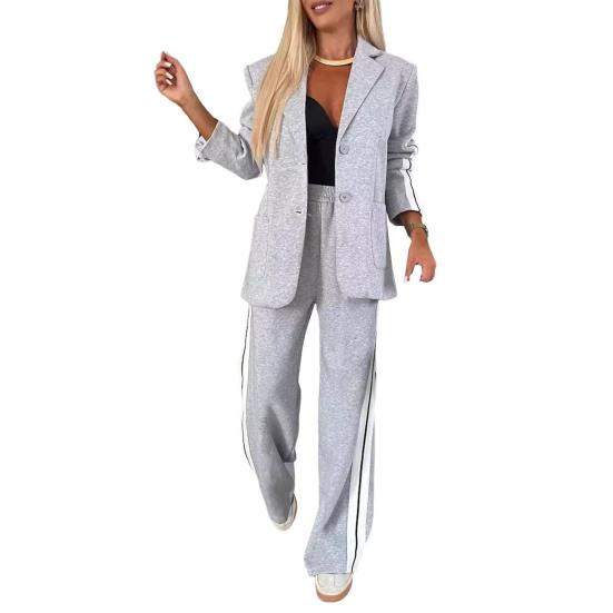 

Комплект из 2 предметов: пальто и брюки, однобортный пиджак с отложным воротником и длинными рукавами, свободные полосатые брюки с широкими штанинами, повседневная одежда для поездок на работу M светло-серый