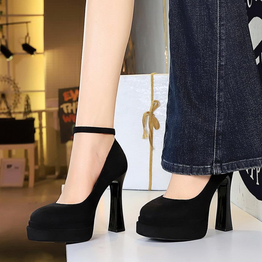 

Light mouth round head super high heels women s thick heel solid color single shoes double layer waterproof table one-word buckle women s shoes 40 темно-коричневого кольору